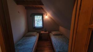 two beds in a room with a window at Dzikie wino in Budry