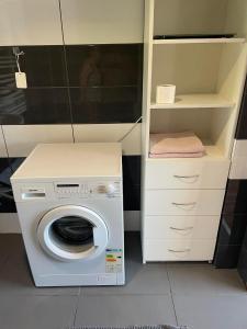 a washing machine in a kitchen with a cabinet at Kawalerki w Śródmieściu 1 in Bydgoszcz