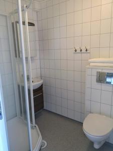 UlvsvågUlvsvåg Gjestgiveri og Fjordcamping AS的带淋浴、马桶和水槽的浴室 更多37张照片