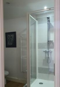 W łazience znajduje się przeszklony prysznic i toaleta. w obiekcie La Casa Nomade w mieście Issigeac