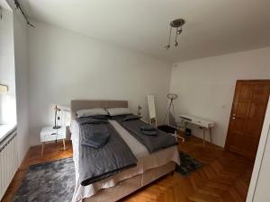 Un dormitorio con una cama grande en una habitación blanca. en SpaceJam, en Sarajevo