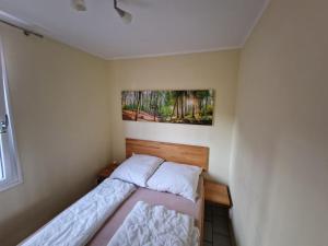 um quarto com duas camas e um quadro na parede em Ferienanlage "Am Sidowsee" em Himmelpfort