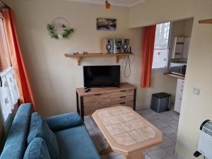 a living room with a couch and a tv at Ferienanlage "Am Sidowsee" in Himmelpfort