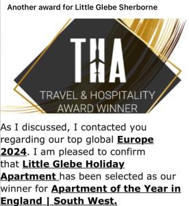 un folleto para un ganador de un premio de viaje y hospitalidad en Little Glebe, en Sherborne