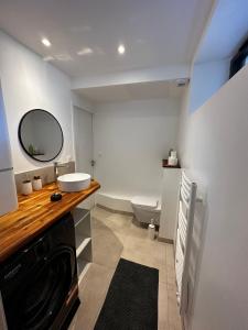 La salle de bains est pourvue d'un lavabo et d'un lave-linge. dans l'établissement Berder - T2 - 10 min gare - terrasse - parking - linge inclus, à Vannes