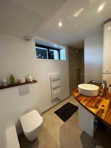 La salle de bains est pourvue de toilettes blanches et d'un lavabo. dans l'établissement Berder - T2 - 10 min gare - terrasse - parking - linge inclus, à Vannes