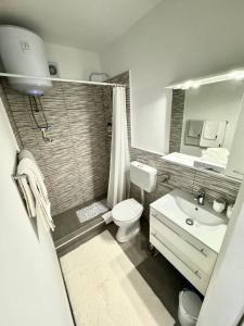 a bathroom with a shower and a toilet and a sink at Apartment Kontrada in Umag