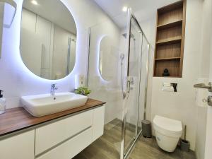 bagno con lavandino, servizi igienici e specchio di Velika Recepcija CC Magnet a Zlatibor
