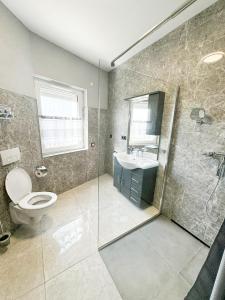 a bathroom with a toilet and a sink and a shower at Ferienwohnung Zum Alten Radlereck in Lauchhammer