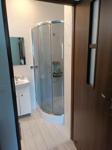 a bathroom with a shower and a sink at A i M in Wisełka