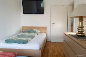 um quarto com uma cama e uma televisão na parede em Apartment mit Garten em Dobl-Zwaring