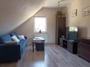 a living room with a blue couch and a tv at A i M in Wisełka