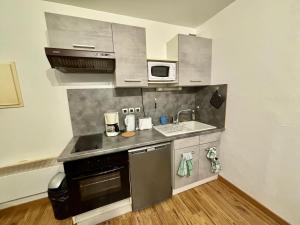 a small kitchen with a stove and a sink at studio - baignoire - prêt de vtt - lave linge in Le Puy-en-Velay