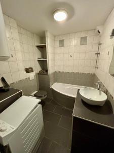 uma casa de banho com um lavatório, uma banheira e um WC. em studio - baignoire - prêt de vtt - lave linge em Le Puy-en-Velay