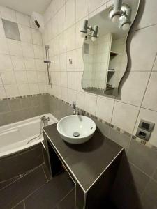 La salle de bains est pourvue d'un lavabo, d'un miroir et d'une baignoire. dans l'établissement studio - baignoire - prêt de vtt - lave linge, au Puy-en-Velay