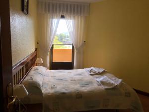 1 dormitorio con 1 cama grande y ventana en Apartamentos de la Hoz, en Isla