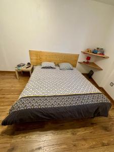 um quarto com uma cama grande num quarto em studio - baignoire - prêt de vtt - lave linge em Le Puy-en-Velay