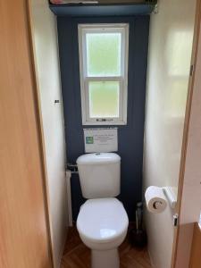 a small bathroom with a toilet and a window at Cabanon de la grenouille in Saint-Martin-des-Lais