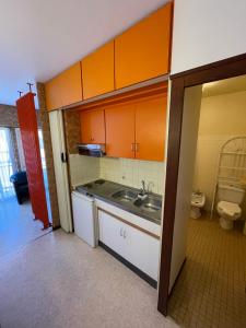 kuchnia z pomarańczowymi szafkami, umywalką i toaletą w obiekcie Le D'Artagnan - App 11 - Balcon w mieście Cazaubon