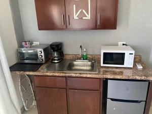 - un comptoir de cuisine avec évier et four micro-ondes dans l'établissement Recámara para bajitos, à San Luis Río Colorado