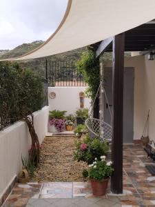 eine Terrasse mit Topfpflanzen auf einem Haus in der Unterkunft Casa de la Aldea 