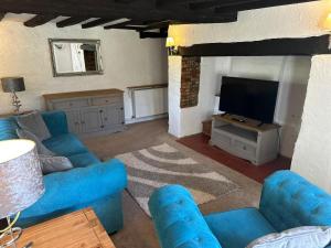 a living room with blue couches and a flat screen tv at Beautiful Thatched Cottage with heated outdoor pool, Great for families & Dog Friendly! in Bosham