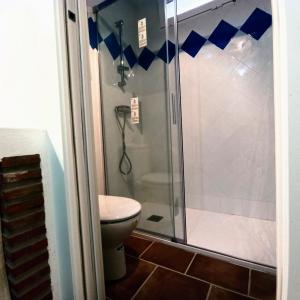 a bathroom with a toilet and a glass shower at El Cortijo de Marie in Granada
