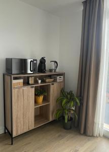 a cabinet with a microwave and a plant in a room at Hostal Márquez in Yeste +37 photos