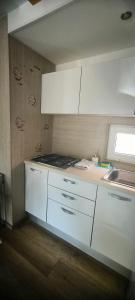 Mobile home Ivan Vodice في فوديس: مطبخ بدولاب بيضاء وموقد ومغسلة