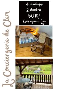 un collage de fotos con una cama y una mesa en Gite en duplex 4 personnes, Vallée de la Jordanne, Cantal, en Lascelle