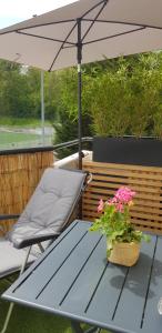 a table and a chair and an umbrella and flowers at Green Field Lodge in Lingolsheim