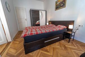 een slaapkamer met een bed met een geruite deken erop bij Anett's downtown apartment in Boedapest