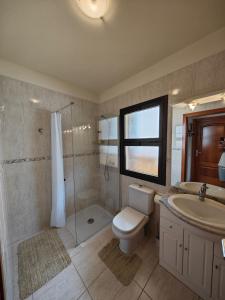 een badkamer met een toilet, een douche en een wastafel bij 1-bedroom apartment with big terrace and ocean view in Los Cristianos in Los Cristianos