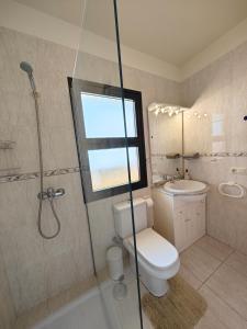 een badkamer met een toilet, een douche en een wastafel bij 1-bedroom apartment with big terrace and ocean view in Los Cristianos in Los Cristianos