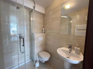 a bathroom with a shower and a toilet and a sink at Willa Zieloneczka in Ustka