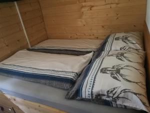 2 łóżka pojedyncze w drewnianym domku z: w obiekcie Almhütte Andrea w mieście Wildschönau