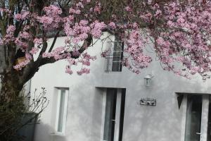 ein Baum mit rosa Blumen vor einem weißen Gebäude in der Unterkunft Gite de la rampotiere in Quettreville-sur-Sienne