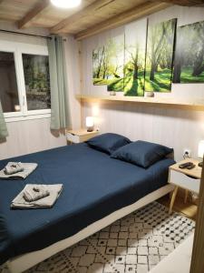 um quarto com uma cama azul e 2 janelas em Appartement gîte du Gardoir em Boresse-et-Martron