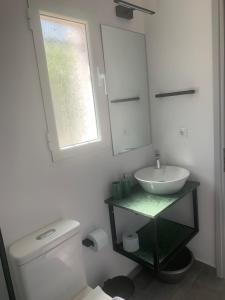 a bathroom with a sink and a toilet and a mirror at Asimenia Studio in Stoupa +4 photos