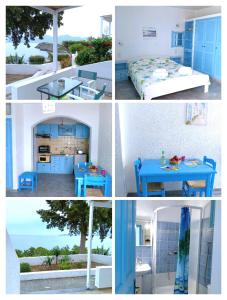 a collage of photos of a blue kitchen and a table at Residence Gerani in Agios Nikolaos