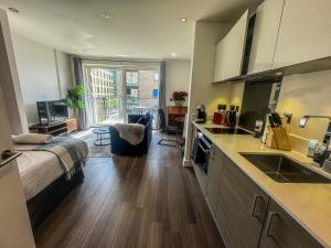 a kitchen and living room with a bed and a sink at FruitTrees Serviced Apartment in Cambridge