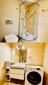 ein Badezimmer mit einer Dusche, einem Waschbecken und einer Waschmaschine in der Unterkunft Sky is the limit in Sinaia