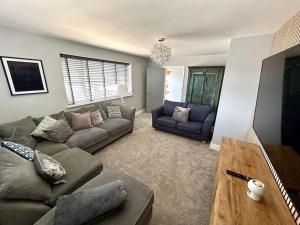 a living room with a couch and a table at Longhorn House - Unique & Luxury Home With Hot Tub in Horsham Saint Faith