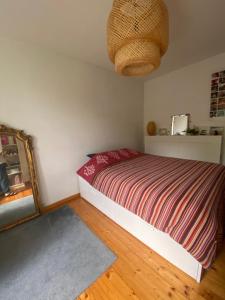 um pequeno quarto com uma cama e um espelho em Le Loft brestois em Brest