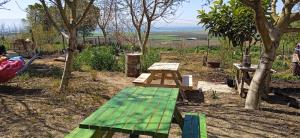 een picknicktafel en banken in een park bij Demirtepe Konuk Evi in Gelibolu