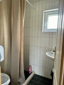 a bathroom with a shower curtain and a sink at Rural Resort Tron in Pluzine