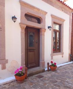 a house with a wooden door and two pots of flowers at Ignatia's house in Polichnítos