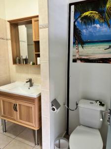een badkamer met een wastafel en een toilet en een foto van een strand bij Soleil,jardin et jacuzzi in Bora Bora