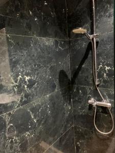 eine Dusche im Bad mit einer schwarzen Marmorwand in der Unterkunft I&S Apartment 1 in Golem