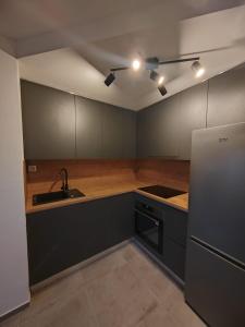 eine Küche mit schwarzen Schränken, einer Spüle und einem Kühlschrank in der Unterkunft Zodiac in Biograd na Moru